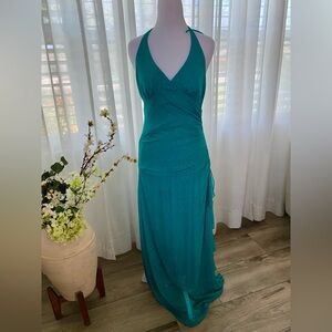 City Triangles Teal Halter Maxi Gown with Subtle Sparkle